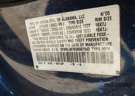 2005 Honda Odyssey Ex-L из США, поврежденный, VIN 5FNRL38765B087543